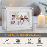 5 Inch Acrylic Digital Photo Frame with Photo/ Music/ Video Player Auto Rotation Functions Built-in Battery for Friends Families