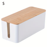 Bamboo CA management with top white organizer, cable corrector, power strip, surge protector, etc