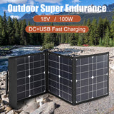 18V 100W Foldable Portable Solar Charger - DC+USB Fast Charge for Phone, Camping, Van, RV, Outdoor