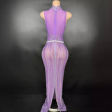 Fashionable socialite and actress temperament dress with sleeveless full diamond pattern purple gentle lady