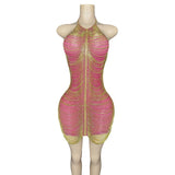 Hanging Neck Sexy Open Back Gift Dress Deep Pink Age Reducing Short Wrapped Hip Skirt Gold Tassel Design