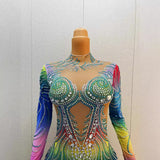 2024 Women's Elegant Evening Luxury Full Diamond Colorful Pattern Party Dress