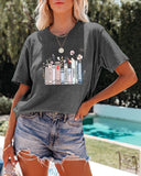 Summer New Book Flower T-shirt Cute Fashion Round Neck Pullover