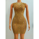 New Fashion Short Dress Sexy Tight Mesh Perspective Temperament Wrapped Hips Full of Water Diamonds