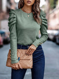 Round Neck Puff Sleeve Button Long Sleeve Top
