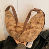 Women Straw Woven Half Moon Weaving Shoulder Bag Large Capacity Tote Clutch Bags Zipper Closure for Outdoor Travel