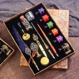 Antique Feather Retro Wooden Dip Pen Set Classic Wax Seal Stamp Kit for Calligraphy Art Words Gifts