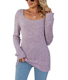 Square Collar Hollow Striped Brushed Casual Long Sleeve