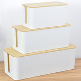 Bamboo CA management with top white organizer, cable corrector, power strip, surge protector, etc