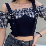 Plaid stitching one-word shoulder straps shoulder straps waist slimming top women short ins casual