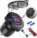 Quick Charge Car Dual USB Charger Socket Auto Adapter QC3.0 36W Waterproof with Voltmeter Switch for 12V/24V Motorcycle ATV RV