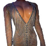 Female singer hosting silver elastic rhinestone diamond chain tassel slimming short skirt dress, performance dance platform uniform