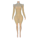 High end socialite sexy mesh full diamond dress, new autumn winter style slim fit long sleeved and hip wrapped short skirt