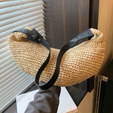 Women Straw Woven Half Moon Weaving Shoulder Bag Large Capacity Tote Clutch Bags Zipper Closure for Outdoor Travel