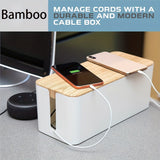 Bamboo CA management with top white organizer, cable corrector, power strip, surge protector, etc
