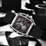 GUANQIN Steampunk Mens Watches Mechanical Automatic Watch For Men Tonneau Rectangle Skeleton Spider Stainless Steel Reloj Hombre