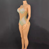 Hanging neck, sexy suspender, bikini color patchwork design, dazzling color, full diamond, super flash, girl group show and commercial dress