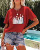 Summer New Book Flower T-shirt Cute Fashion Round Neck Pullover