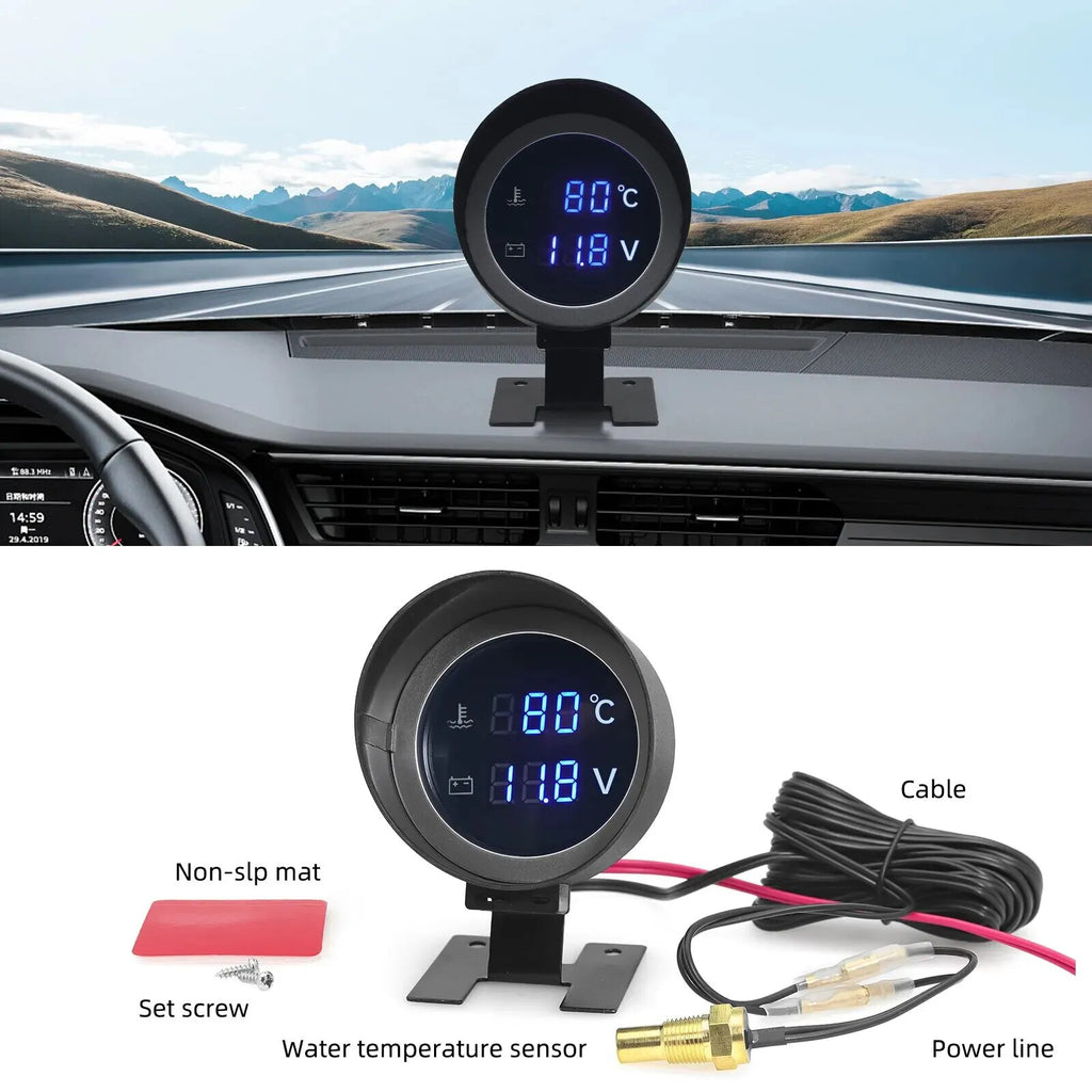 BG0009 Digital Car Truck Water Temp Gauge + Temperature Sensor Voltmeter Volt Voltage Meter 2 in 1 12V 24V Celsius Fahrenheit