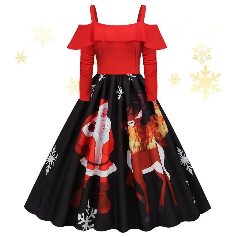 Christmas Dress for Women Santa Claus Print Cocktail Swing Dress Vintage Snowflake Print Off Shoulder Dress Christmas Ruffle Dre