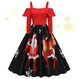 Christmas Dress for Women Santa Claus Print Cocktail Swing Dress Vintage Snowflake Print Off Shoulder Dress Christmas Ruffle Dre