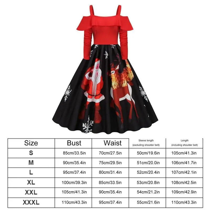 Christmas Dress for Women Santa Claus Print Cocktail Swing Dress Vintage Snowflake Print Off Shoulder Dress Christmas Ruffle Dre