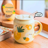 Cute Fruits Mugs Creative Can Cartoon Ceramic Mug With Straw Lid Milk Tea Mug Office Home Travel Coffee Water Cup 400ml