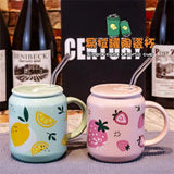 Cute Fruits Mugs Creative Can Cartoon Ceramic Mug With Straw Lid Milk Tea Mug Office Home Travel Coffee Water Cup 400ml