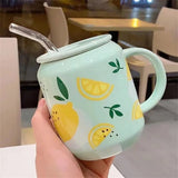 Cute Fruits Mugs Creative Can Cartoon Ceramic Mug With Straw Lid Milk Tea Mug Office Home Travel Coffee Water Cup 400ml