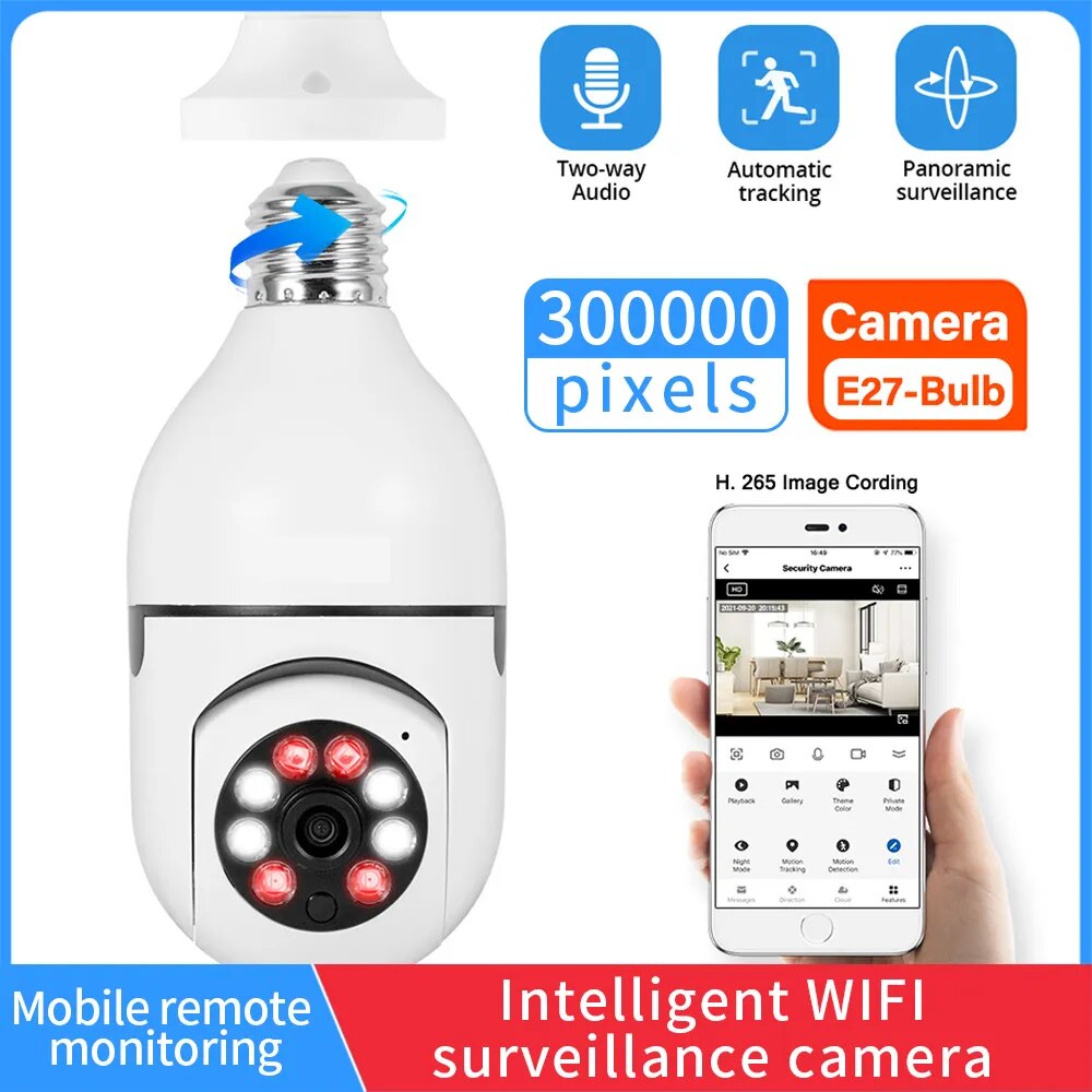 Indoor Video Surveillance Camera, Baby Monitor, Home Security Protection, Full Color, Night Vision, Auto Tracking, WiFi, Bulb, 3