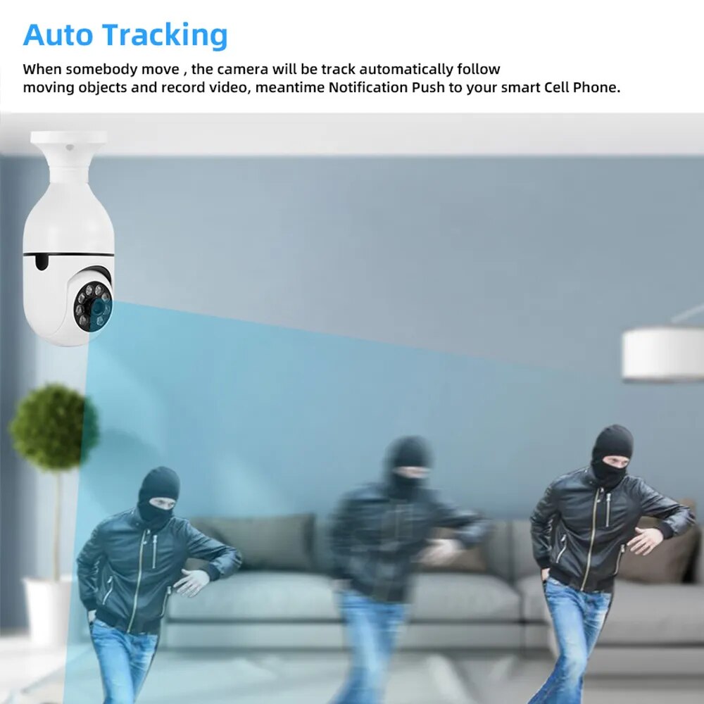 Indoor Video Surveillance Camera, Baby Monitor, Home Security Protection, Full Color, Night Vision, Auto Tracking, WiFi, Bulb, 3