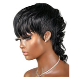Jerry Curl Remy Human Hair Mullet Full Machine Made Wig With Bangs Glueless Pixie Cut Dovetail Natural Color Wigs Ready To Wear