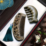 Natural Green Sandalwood Comb Combination Set Mini Retro Head Meridian Natural Wide Teeth Carved Online Celebrity Gift Box.