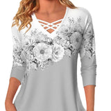 Women's V-neck Flower Print Long-sleeved T-shirt