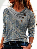 Women Scarf Collar T-shirt With Long Sleeves Hoodie Button Top