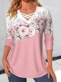 Women's V-neck Flower Print Long-sleeved T-shirt