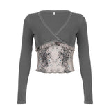 American Retro V-neck Slim Fit Slimming Long Sleeves Top