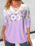 Women's V-neck Flower Print Long-sleeved T-shirt