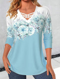 Women's V-neck Flower Print Long-sleeved T-shirt