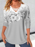 Women's V-neck Flower Print Long-sleeved T-shirt