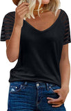 Summer V-neck Mesh Shirt Solid Color Short Sleeve Casual Loose-fitting T-shirt Women