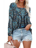 Square Collar Long Sleeve Dovetail Floral T-shirt