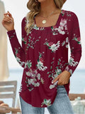 Square Collar Long Sleeve Dovetail Floral T-shirt