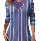 Geometric Stitching Contrast Color Women's V-neck Long Sleeve