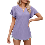Women's Solid Color And V-neck Ruffle Sleeve Casual T-shirt