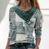Printed Button Top V-neck Long Sleeve