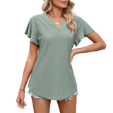 Women's Solid Color And V-neck Ruffle Sleeve Casual T-shirt