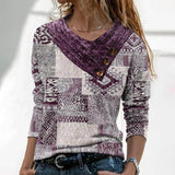 Printed Button Top V-neck Long Sleeve
