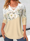 Women's V-neck Flower Print Long-sleeved T-shirt