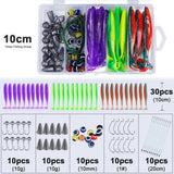 QXO 80pcs/Box Soft Lure Silicone Bait Fishing With Hooks Line Eye Fish Accessories Tools Storage Box Artificial Bait Winter